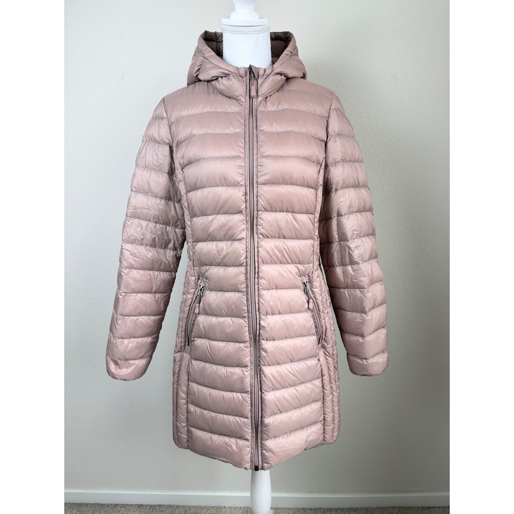 Aventure Womens Down Filled Puffer Coat M Pink Hooded Quilted Mid Length Jacket